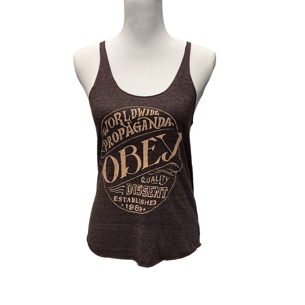 Obey Women's Graphic Muscle Tank Top‎ Size Small Brown Sleeveless Scoop neck
